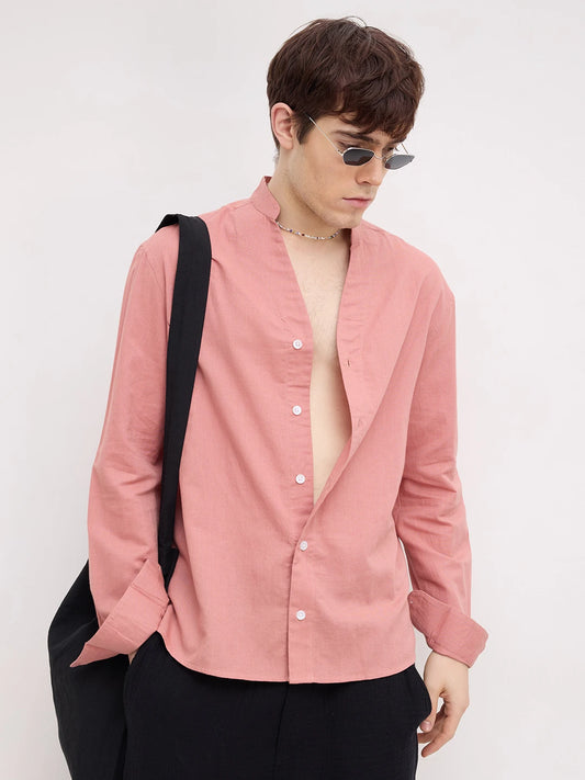 Luxe Coral Linen Blend Stand Collar Oversized Shirt
