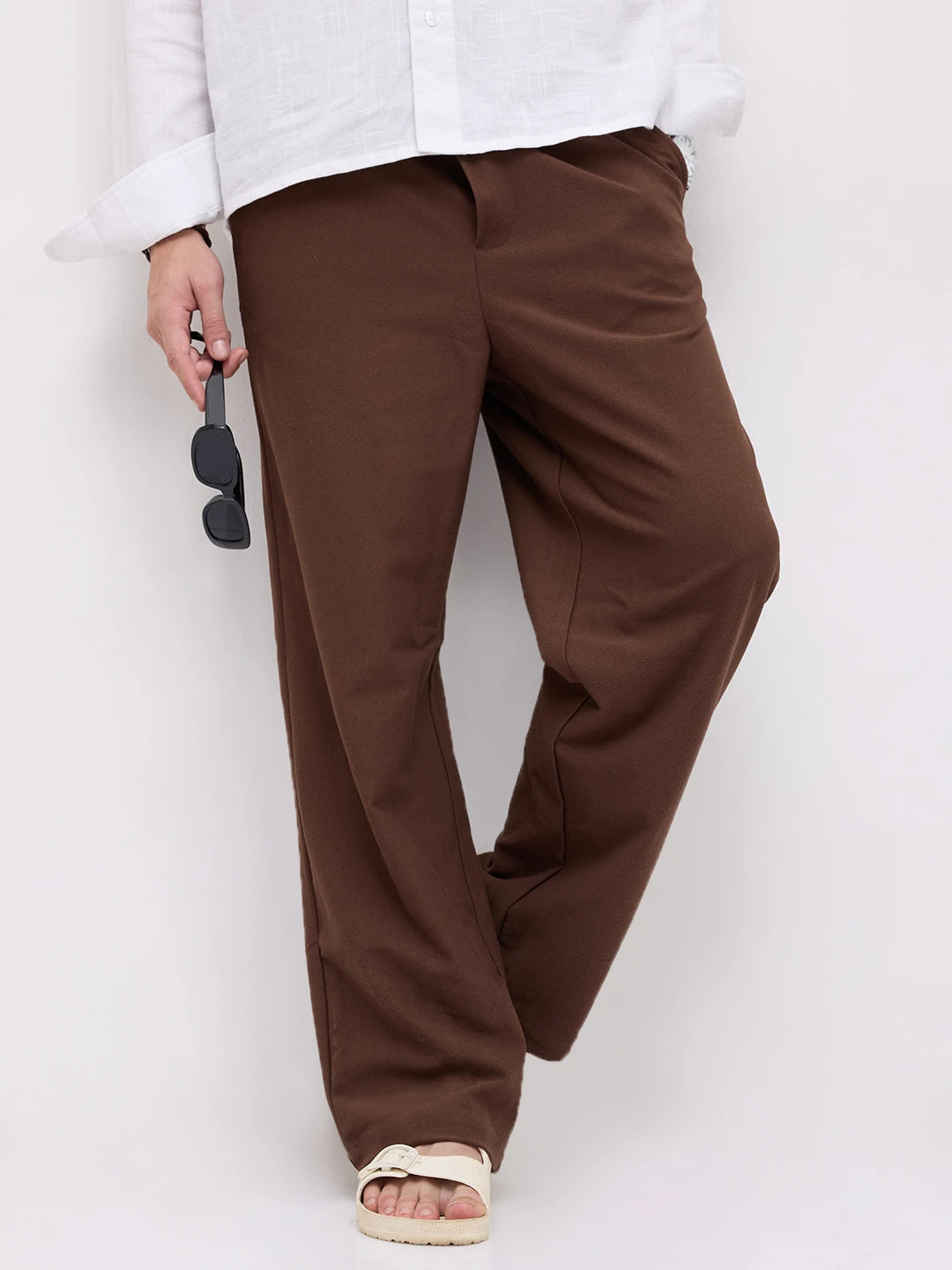 Chocolate Brown Diagonal Textured Knitted Straight Leg Trousers