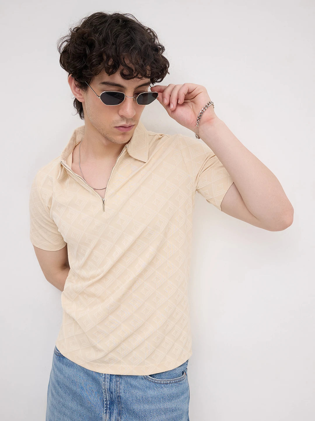 Cream Diamond Embossed Zip Polo Tee