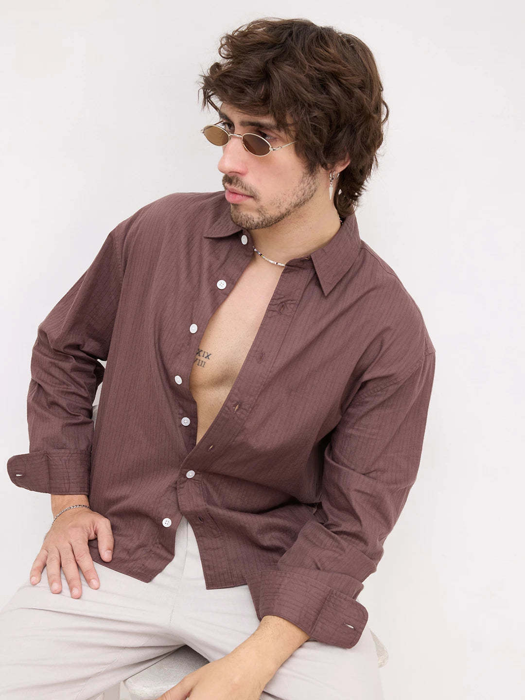Deep Bark Brown Fine Textured Boxy Fit Crop Shirt