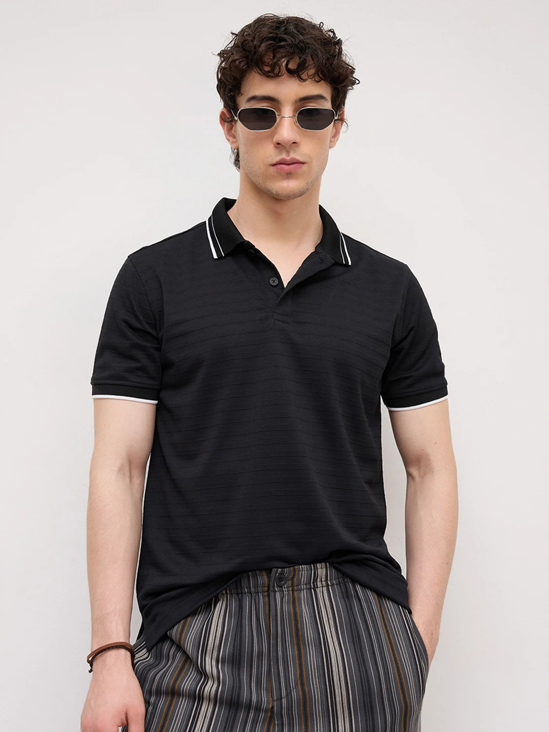 Signature Black Horizontal Stripe Contrast  Polo Knit T-Shirt