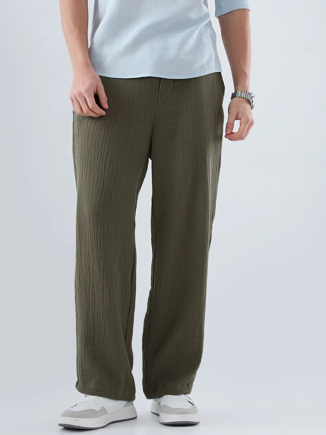 Olive Double Cloth Straight Fit Trousers
