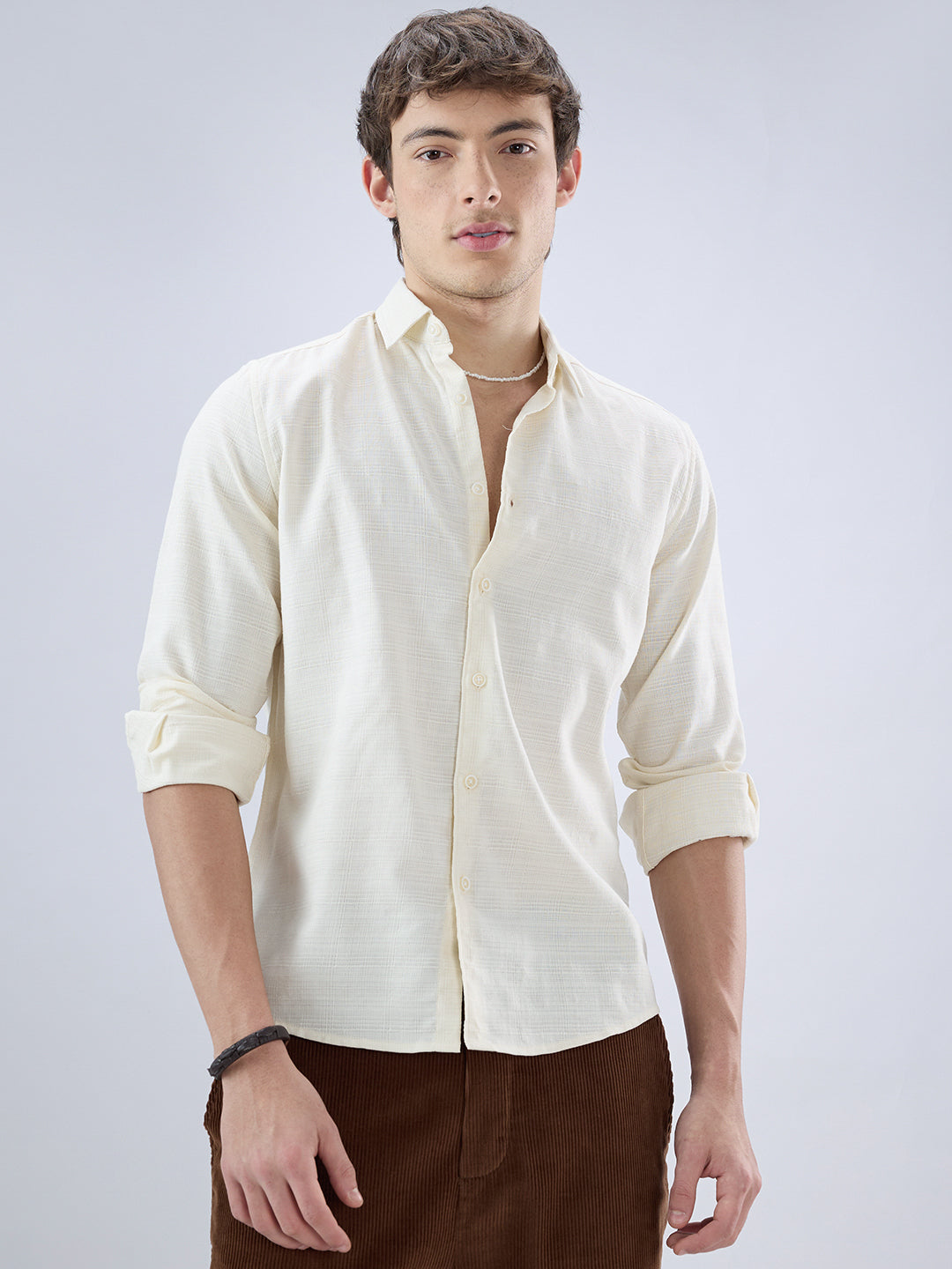 Pearl Cream Micro Grid Weave Textured Shirt