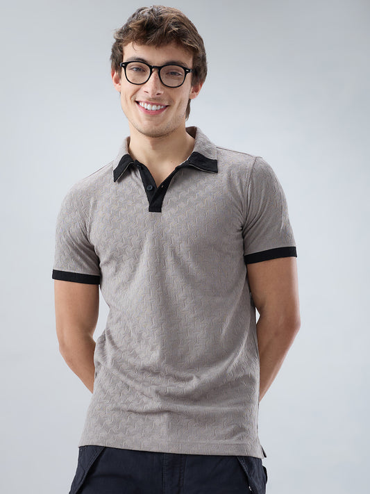 Shadow Grey Textured Contrast Polo Neck Knit T-shirt