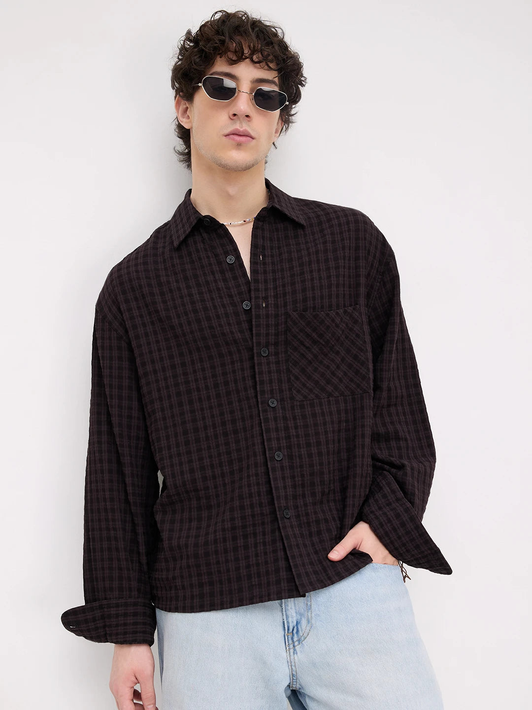 Rick Black Plaid Checks Boxy Fit Crop Shirt