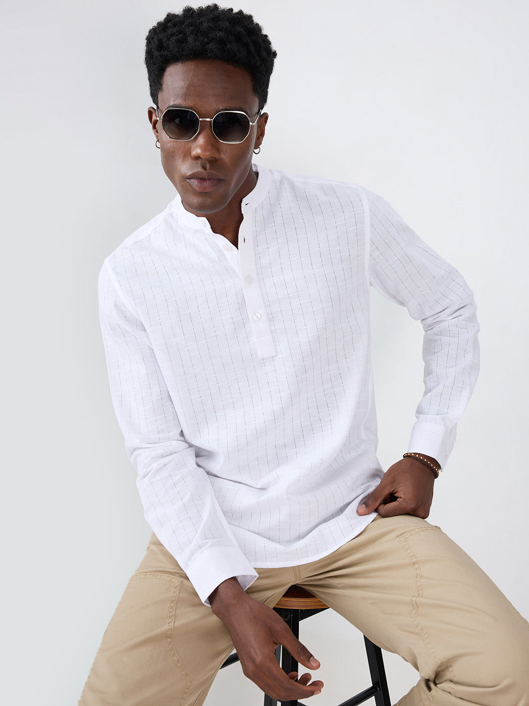 Pearl White Ladder Striped Subtle Textured Kurta