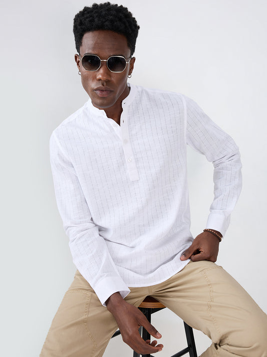 Pearl White Ladder Striped Subtle Textured Kurta