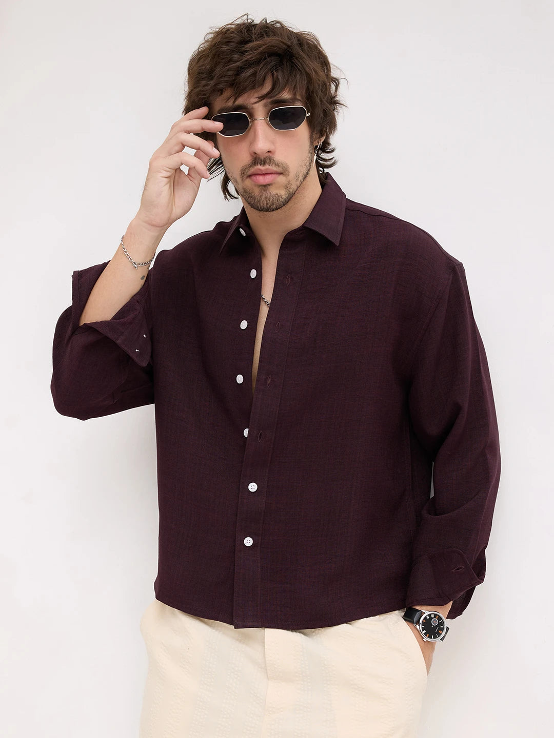 Opulent Wine Fine Textured Boxy Fit Crop Shirt