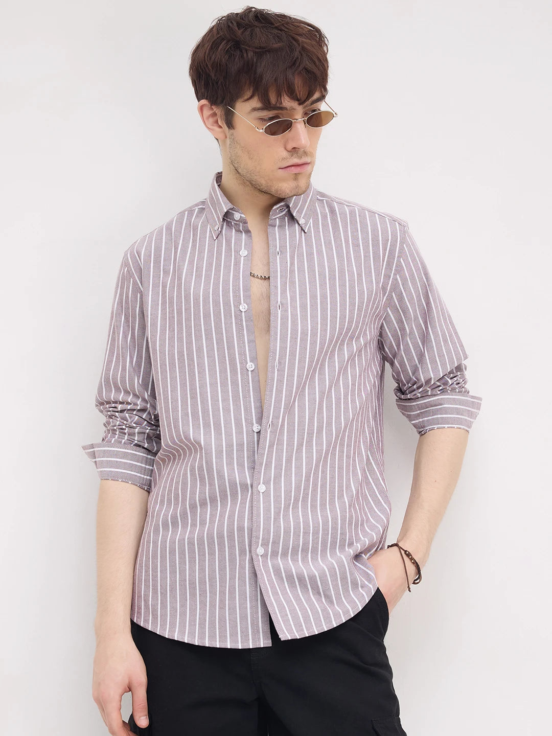Brick Brown Candy Striped Oxford Button-Down Collar Shirt