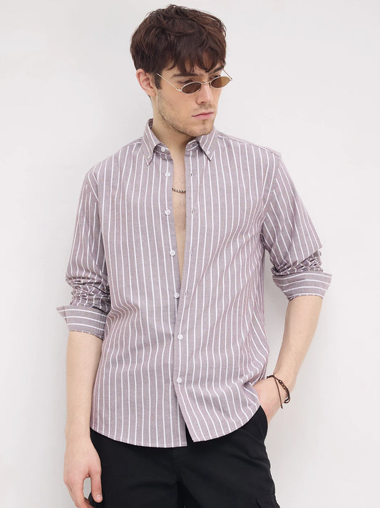 Brick Brown Candy Striped Oxford Button-Down Collar Shirt