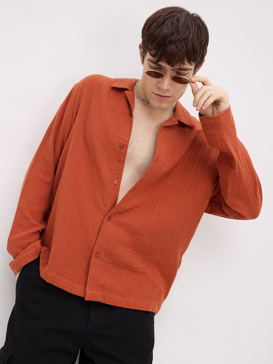 Firey Rust Double Cloth Notch Collar Oversized Shirt