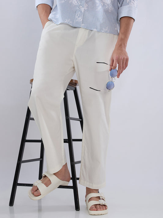 Solid Pastel Cream Tapered Trousers