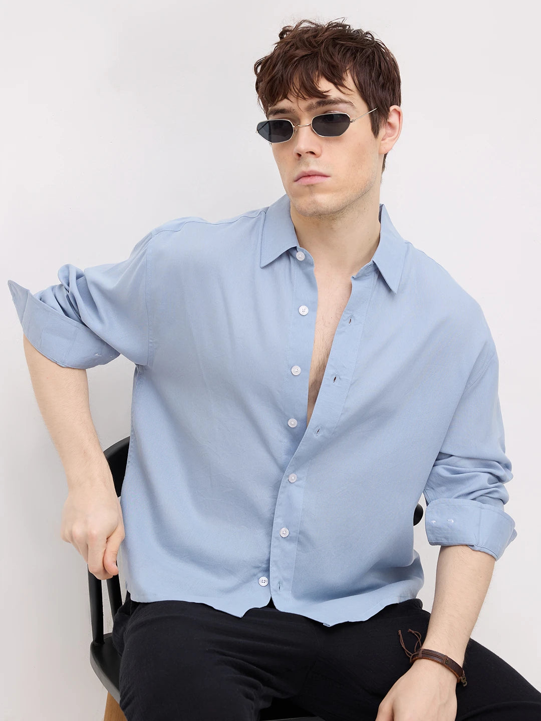 Classic Powder Blue Boxy Fit Crop Shirt