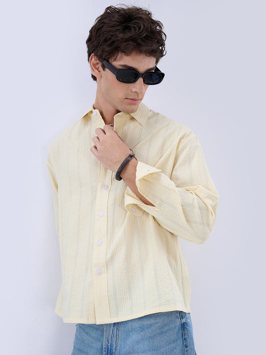 Lemon Yellow Seersucker Striped Boxy Fit Crop Shirt