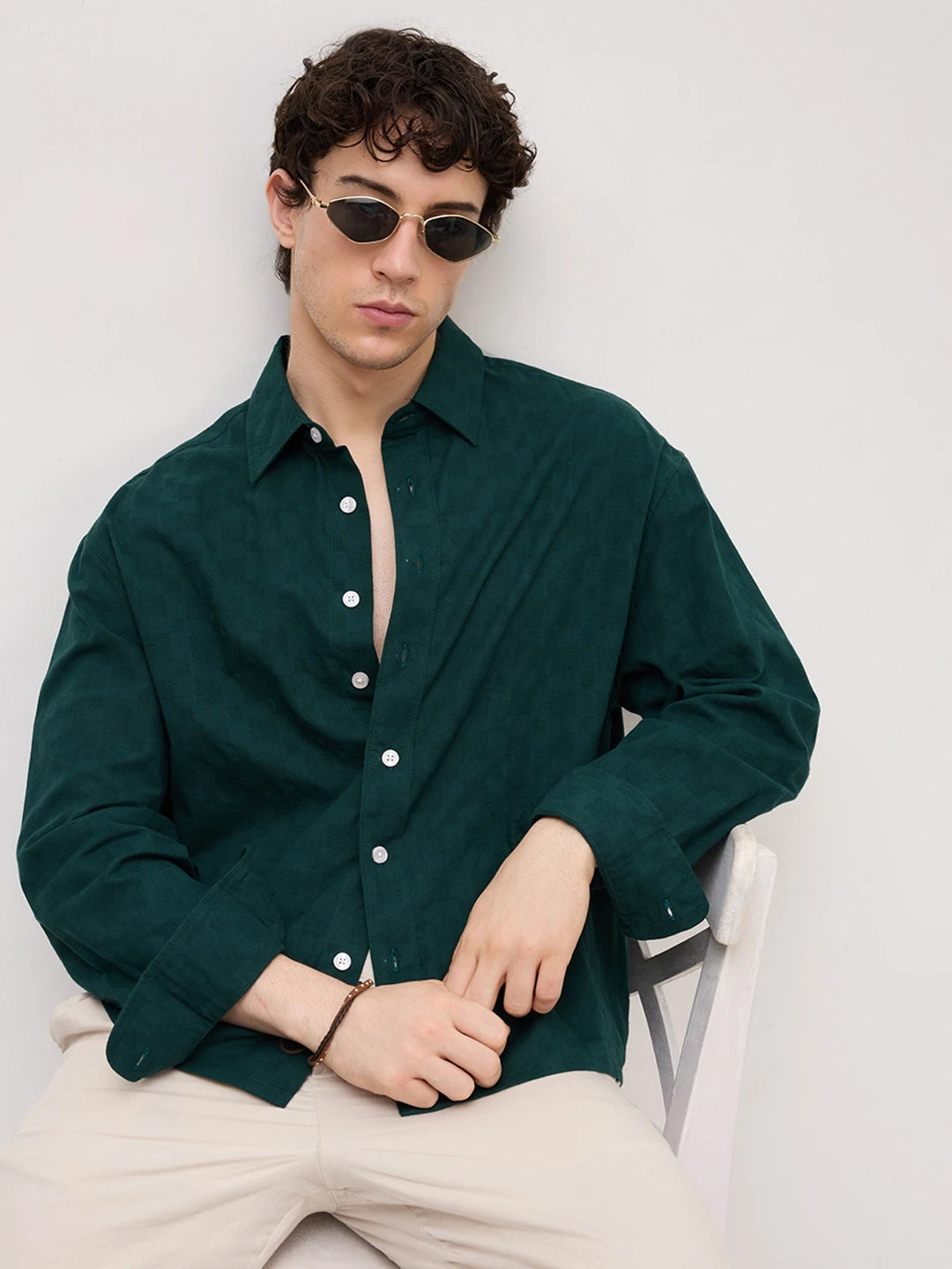 Emerald Green Square Weave Boxy Fit Crop Shirt