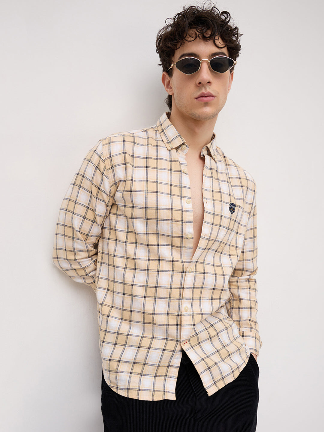 Neutral Beige & Black Windowpane Checks Shirt