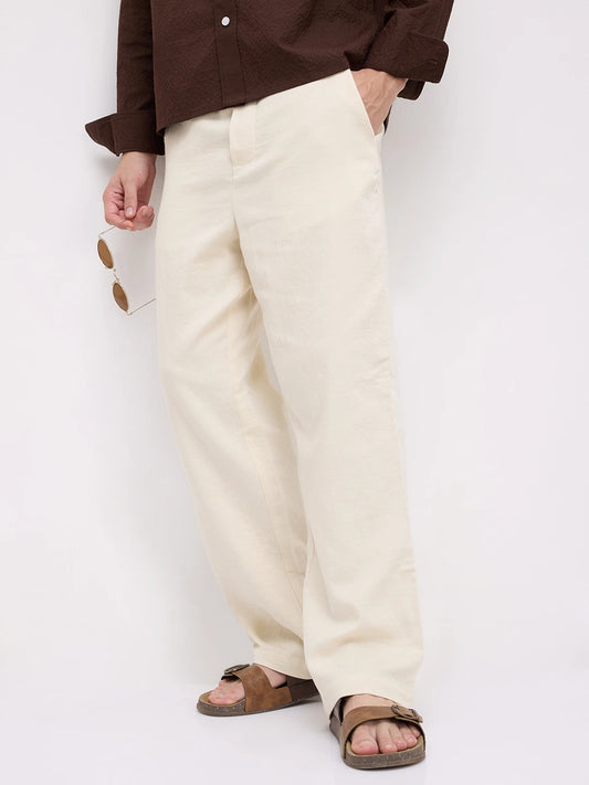 Cream Herringbone Textured Straight Fit Trousers