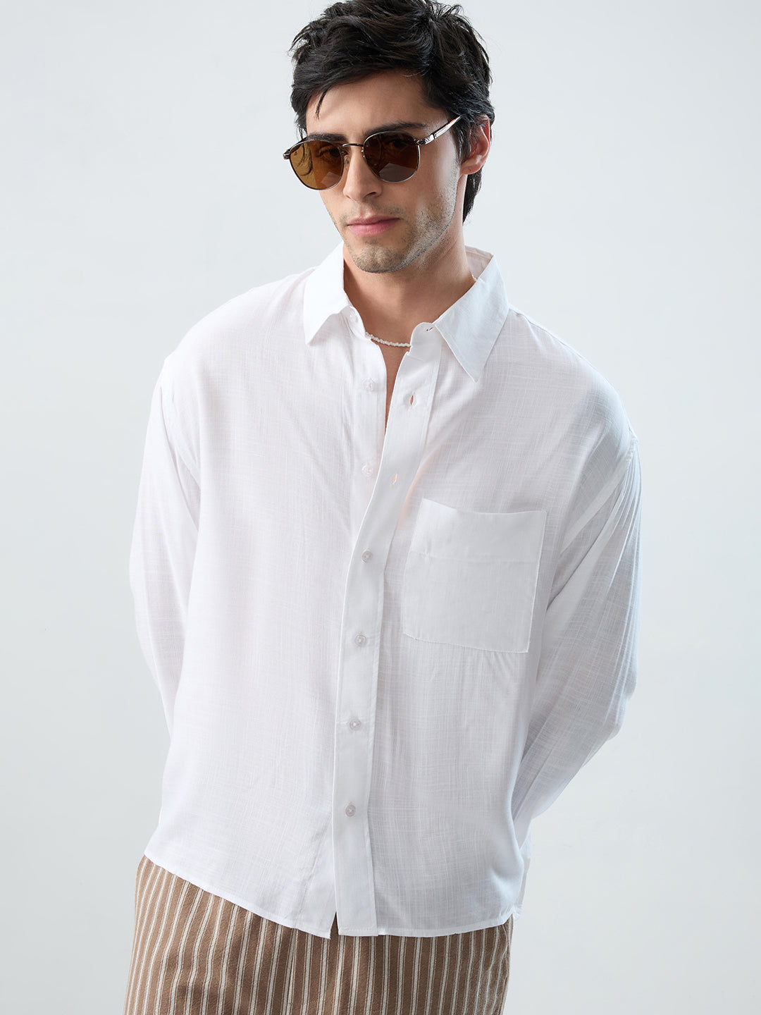 Sheer White Fine Weave Boxy Fit Crop Shirt