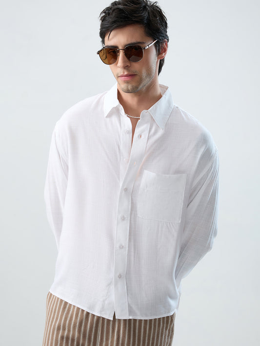 Sheer White Fine Weave Boxy Fit Crop Shirt