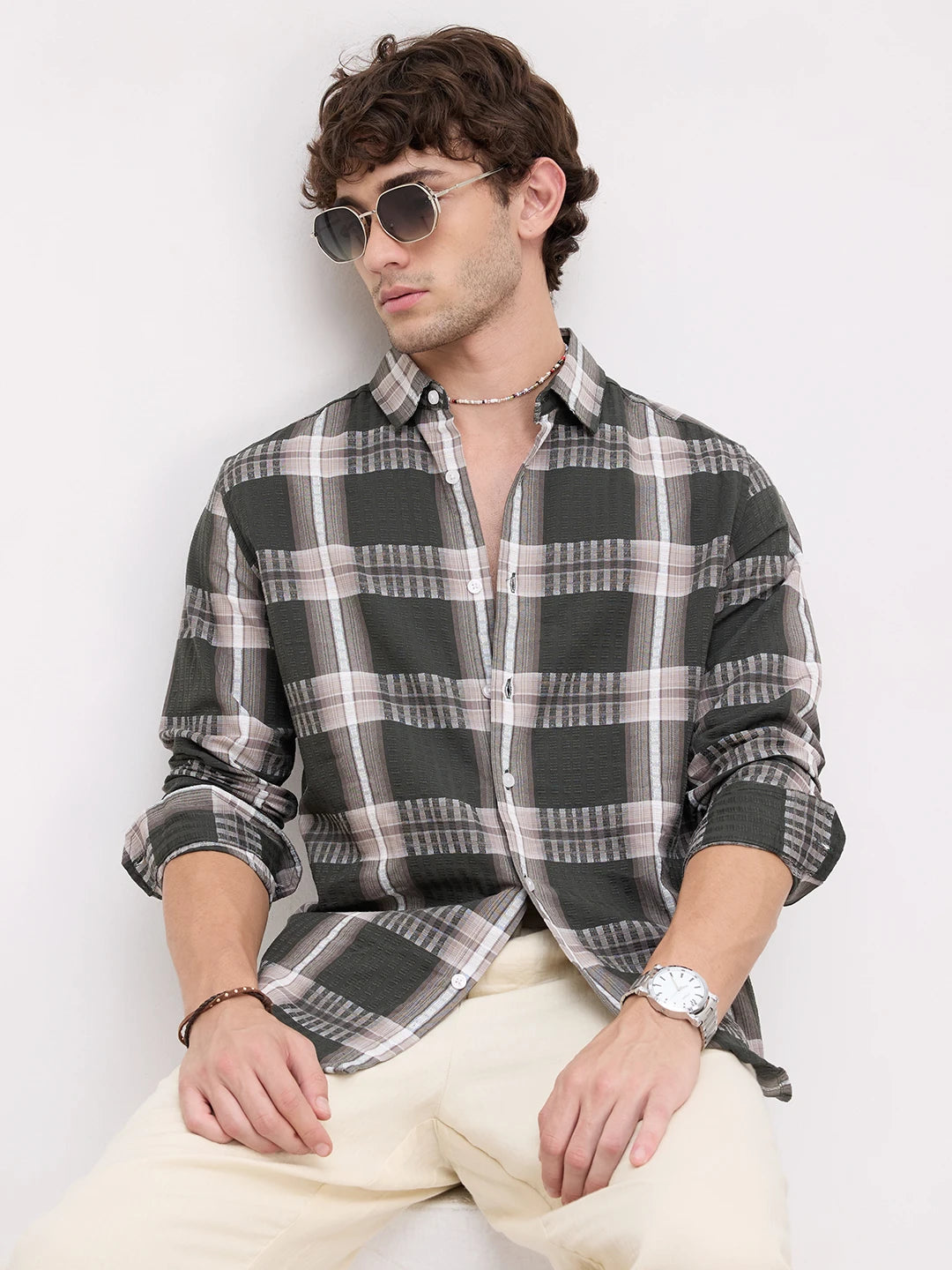 Forest Green Soft Textured Checks Shirt