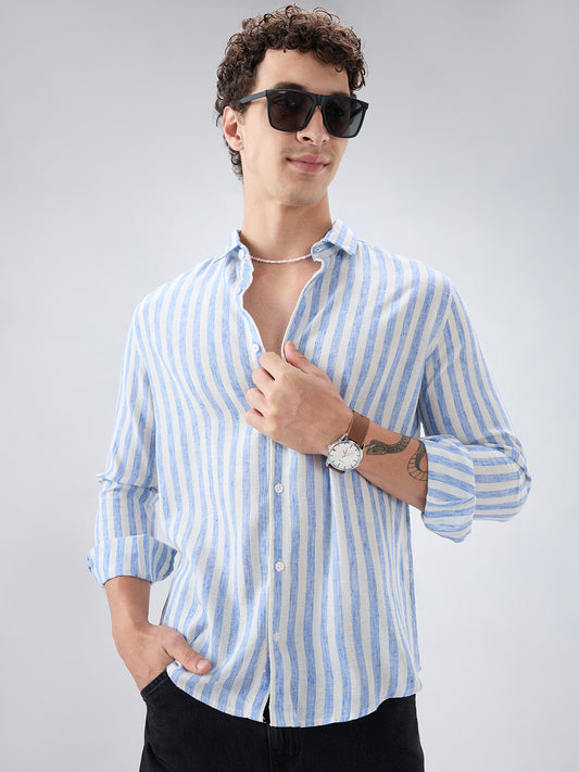 Blue & Ivory Balanced Striped Linen Blend Shirt