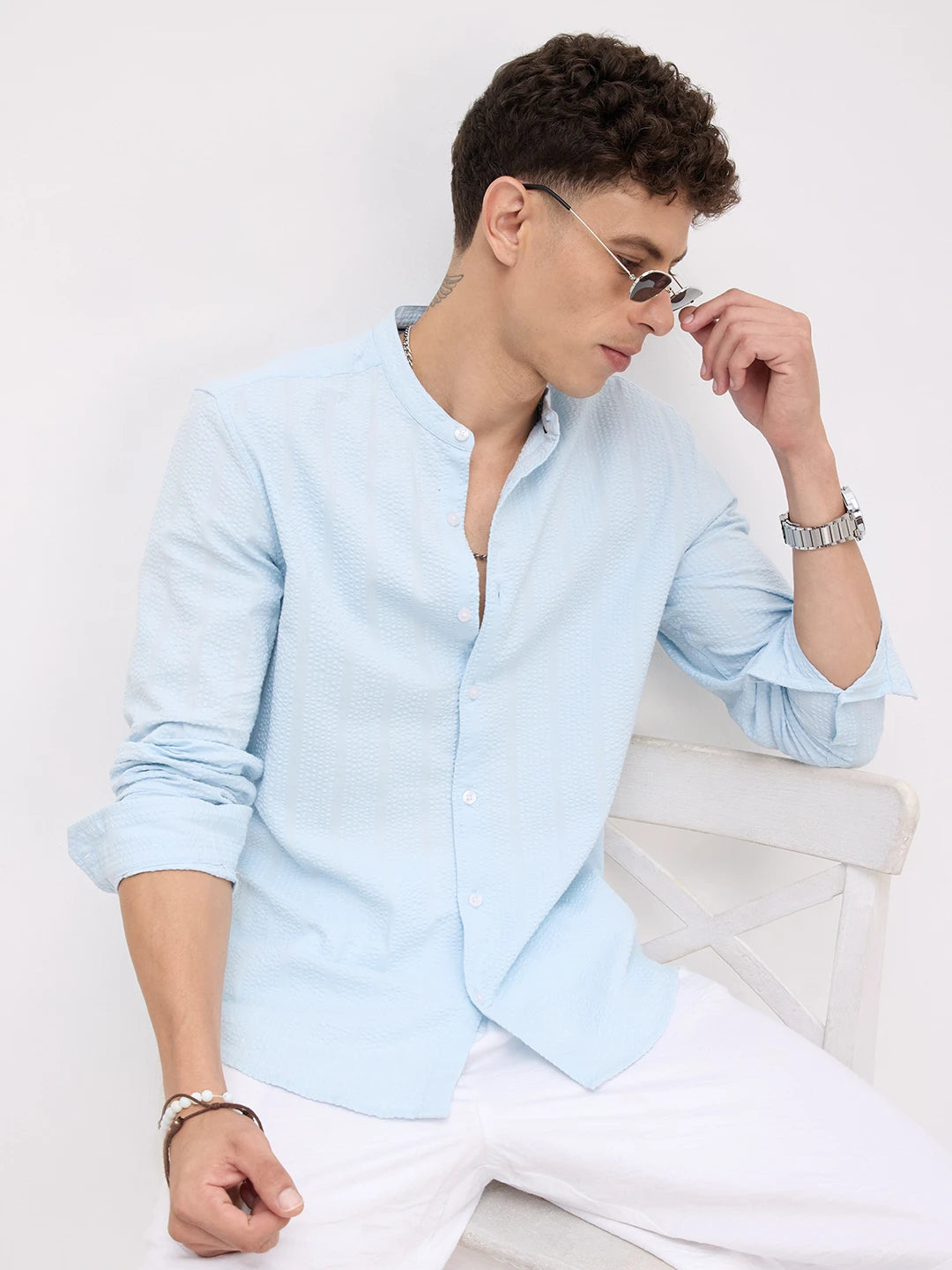 Luxe Sky Blue Seersucker Mandarin Shirt