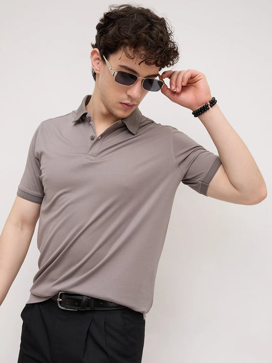 Solid Stone Grey Honeycomb Polo Neck Knit T-Shirt