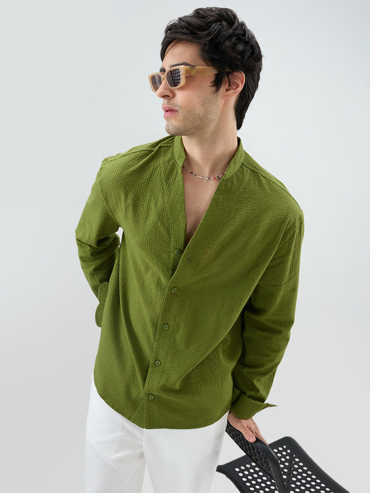 Basil Green Seersucker Striped Stand Collar Oversized Shirt