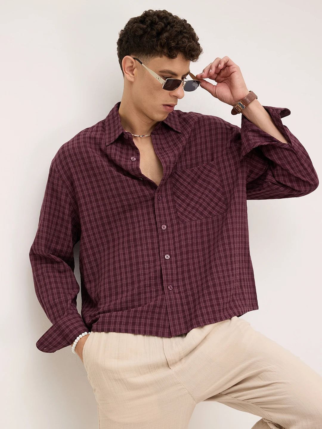 Rich Maroon Windowpane Checks Boxy Fit Crop Shirt