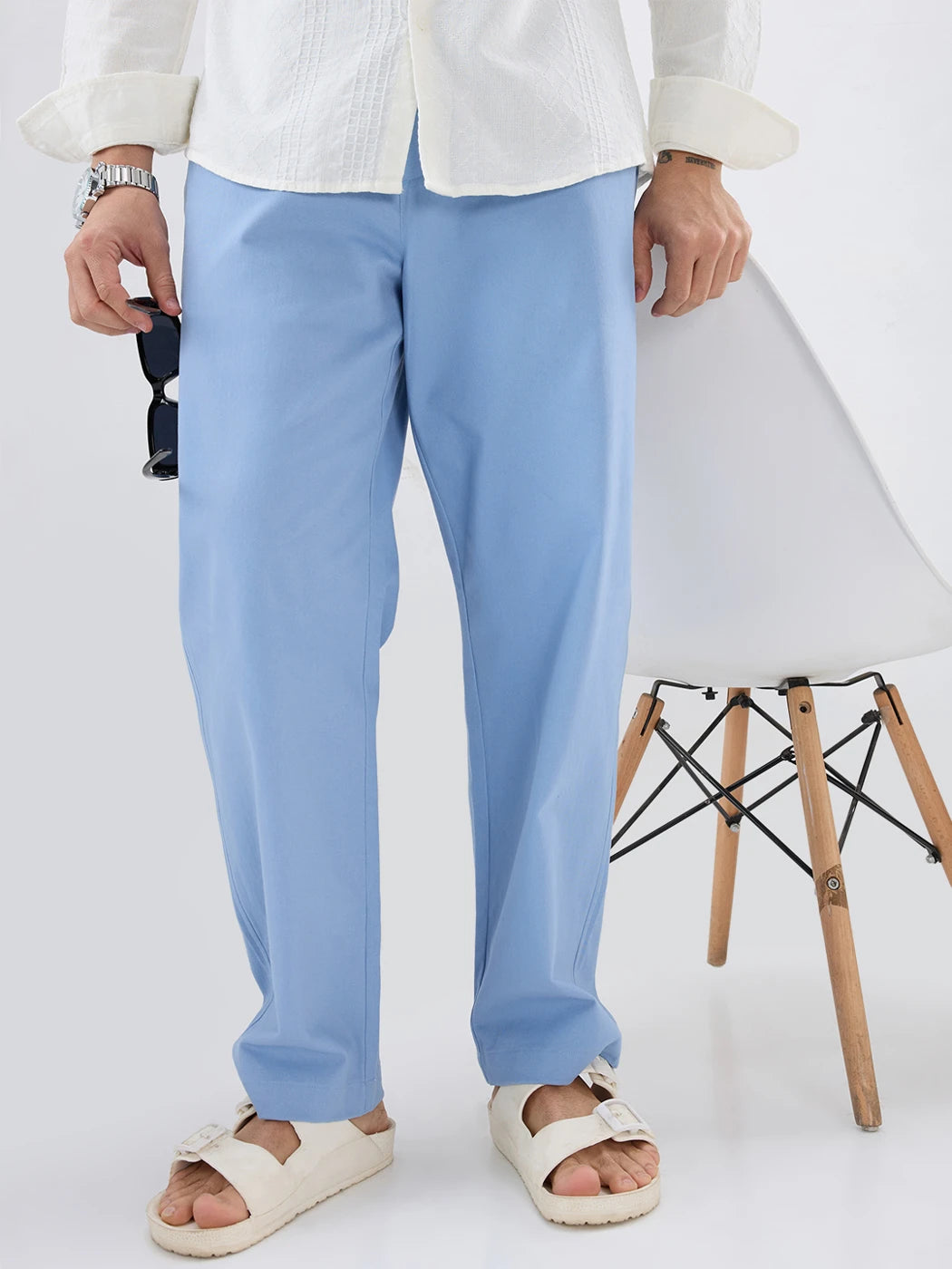Solid Steel Blue Twill Tapered Trousers