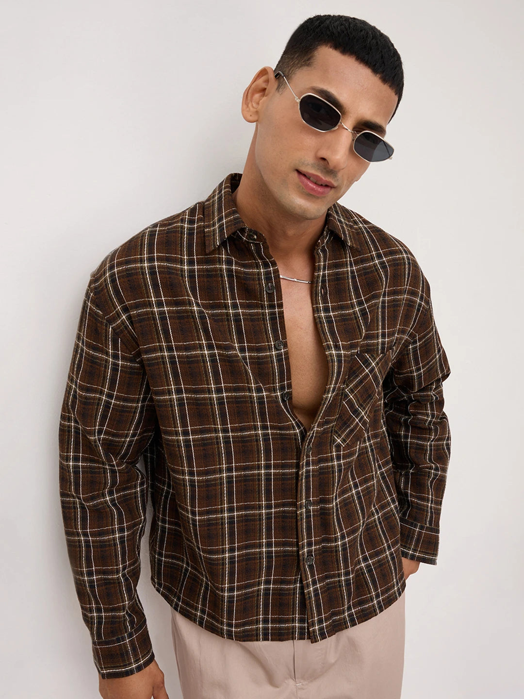 Rustic Brown Grid Framework Boxy Fit Crop Shirt
