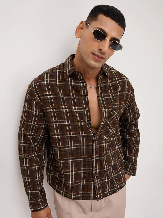 Rustic Brown Grid Framework Boxy Fit Crop Shirt