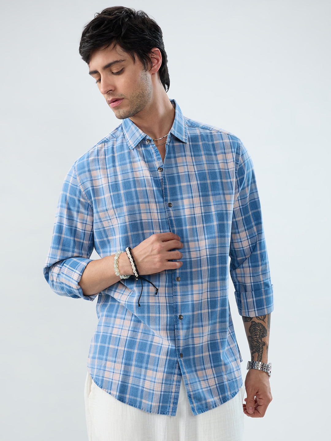 Denim Blue & Peach Plaid Checks Shirt