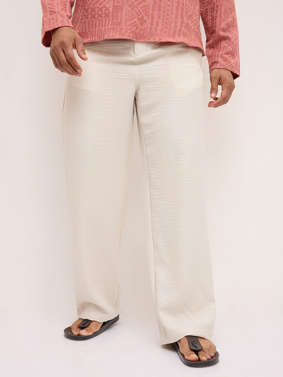 Natural Cream Fine Twill Weave Wide Leg Trousers