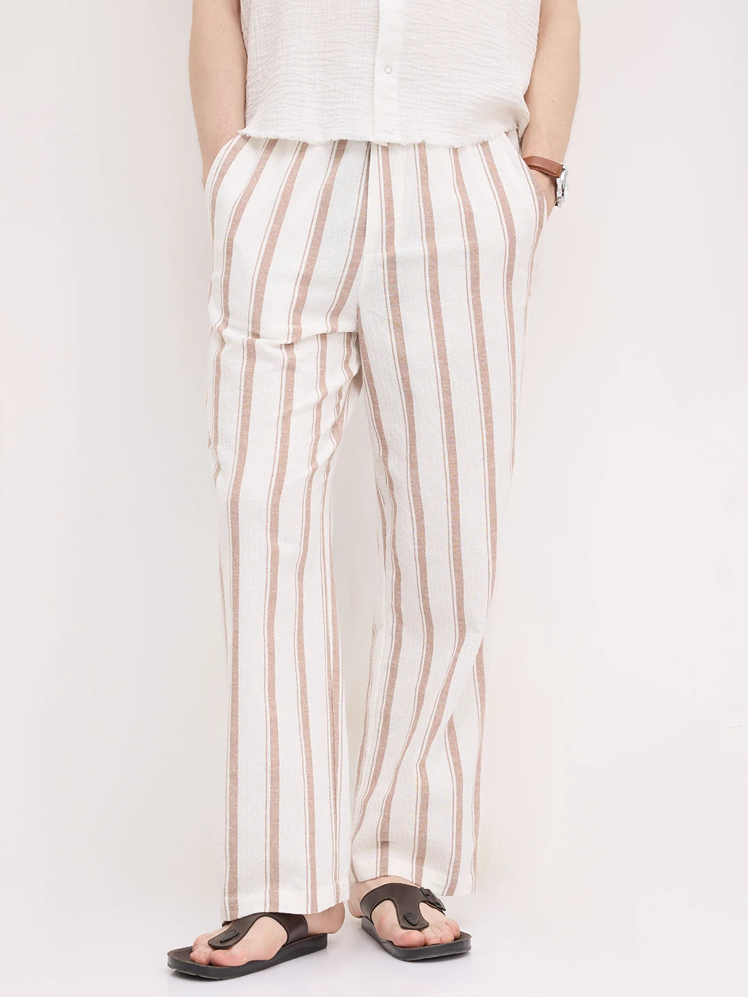 White & Brown Striped Straight Fit Trousers