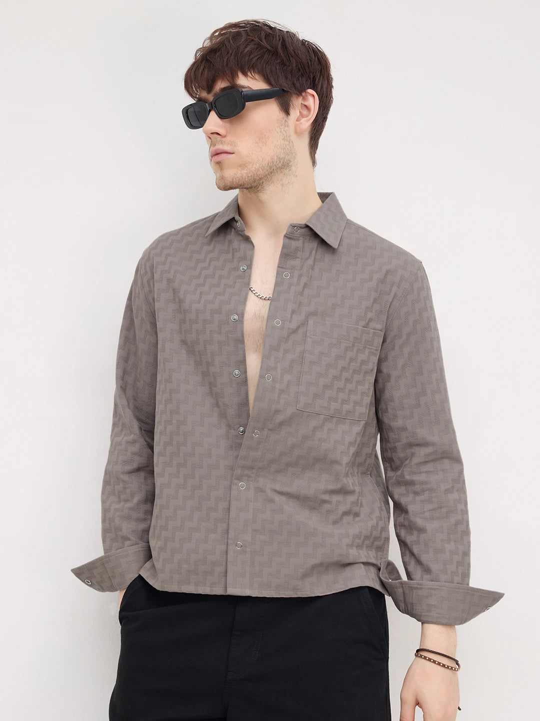 Distinctive Grey Maze Textured Straight Hem Crop Shirt