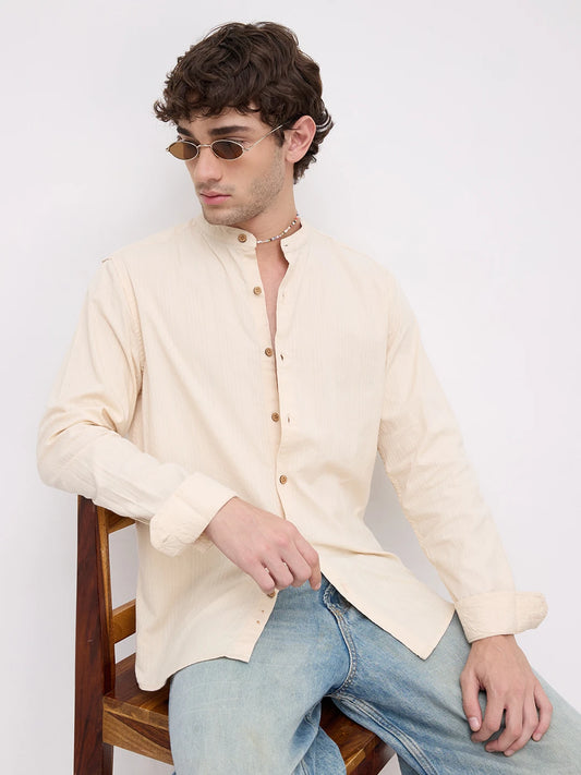 Bisque Beige Seersucker Striped Mandarin Shirt