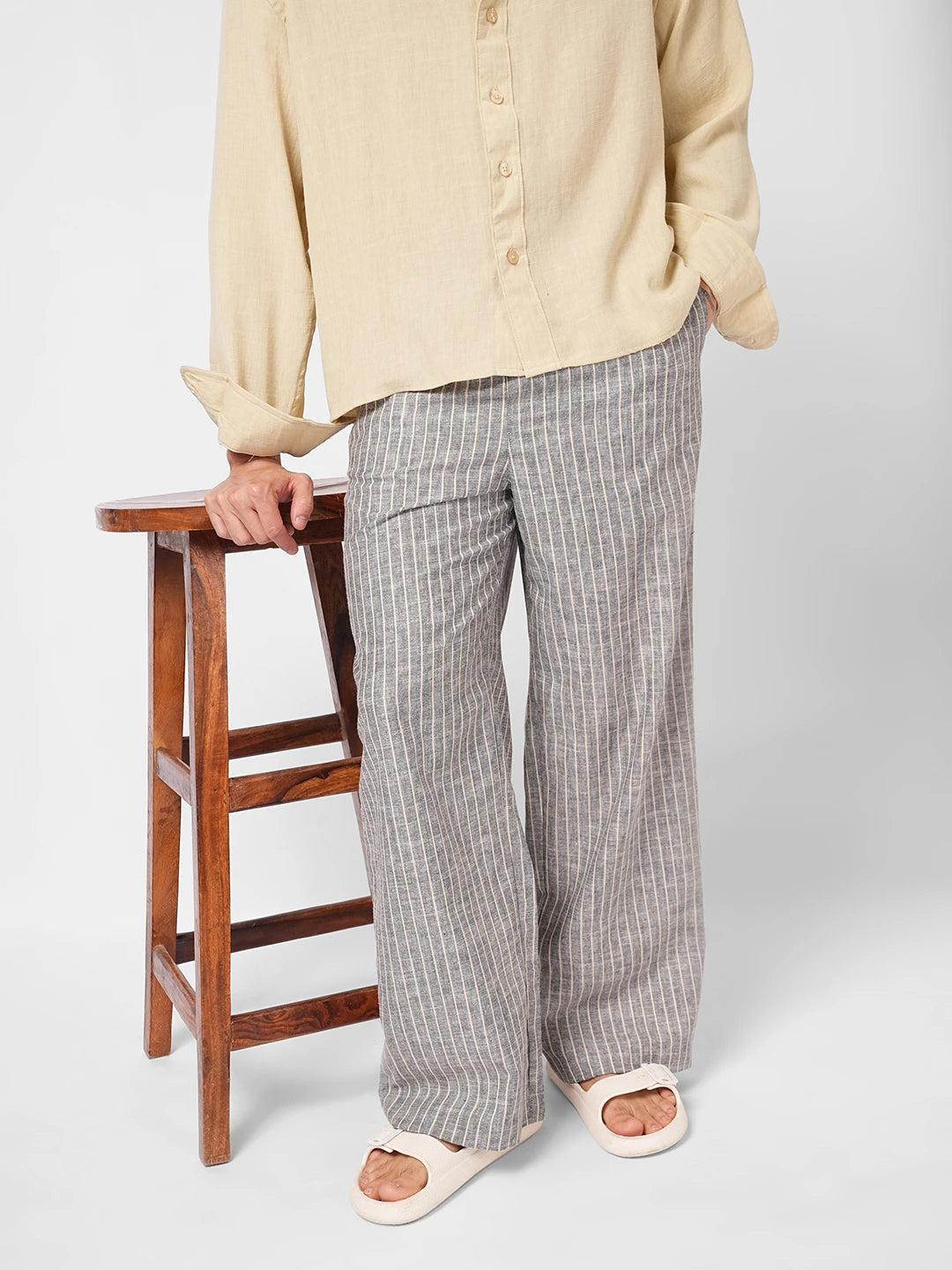 Cool Grey Core Striped Wide Leg Trousers