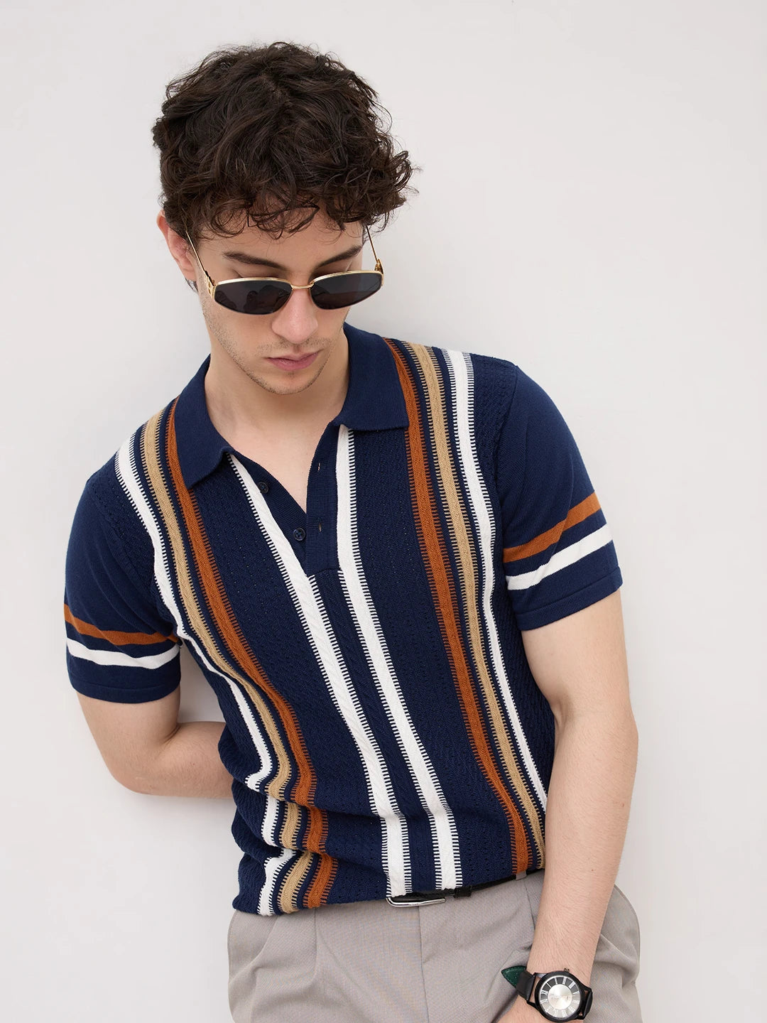 Vintage Multi-Stripe Raceway Zip Flat Knit Polo T-Shirt