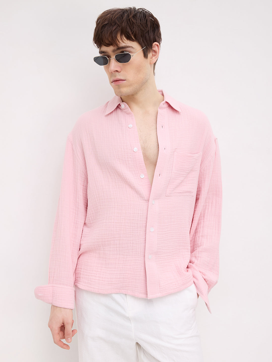 Charming Pastel Pink Double Cloth Boxy Fit Crop Shirt