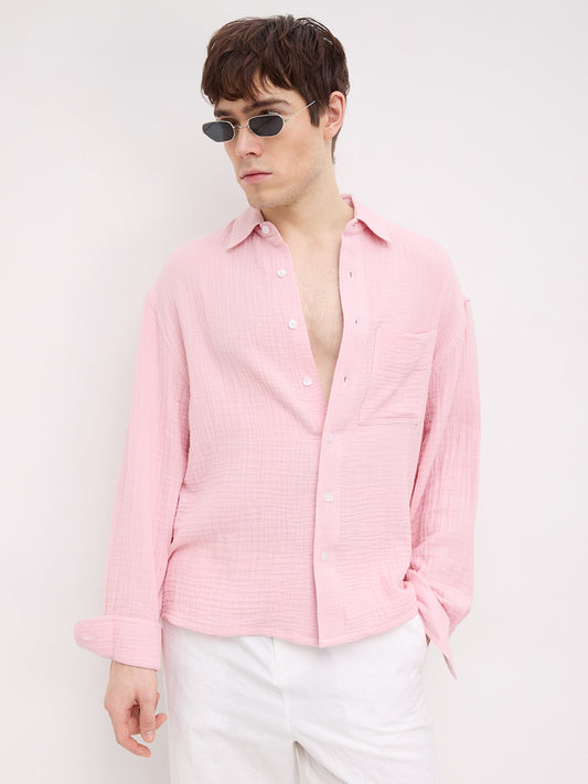 Charming Pastel Pink Double Cloth Boxy Fit Crop Shirt