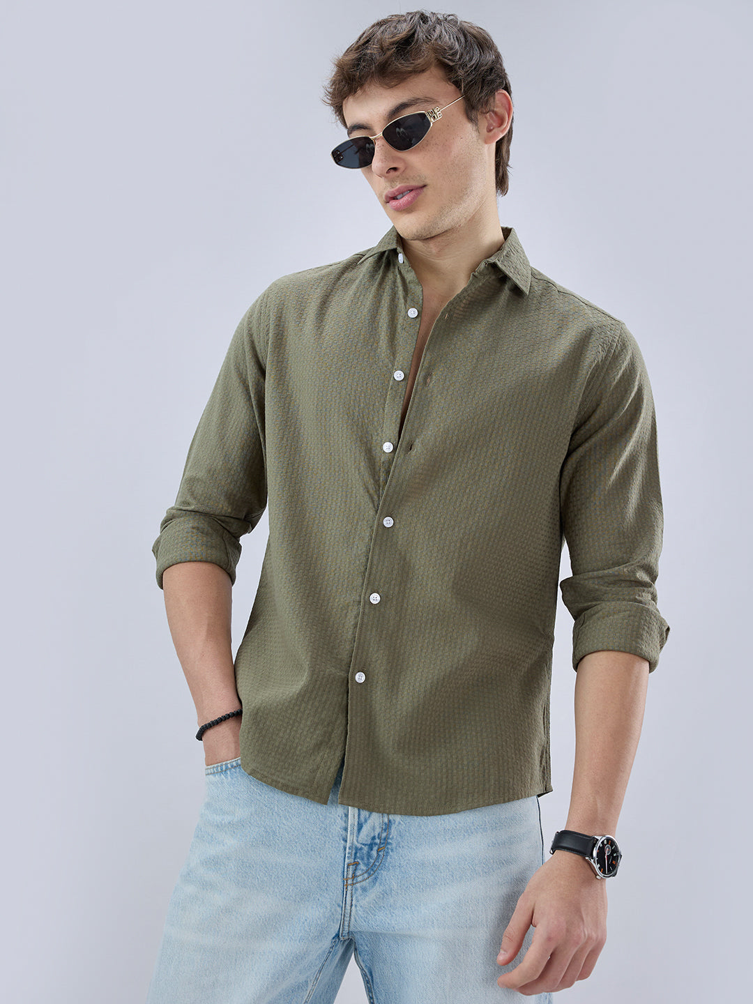 Olive Open Weave Refined Textured Checks Shirt