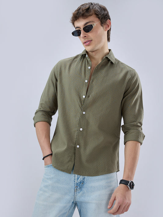 Olive Open Weave Refined Textured Checks Shirt