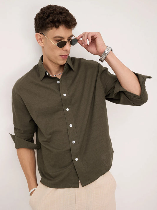 Refined Olive Micro Square Textured Boxy Fit Crop Shirt