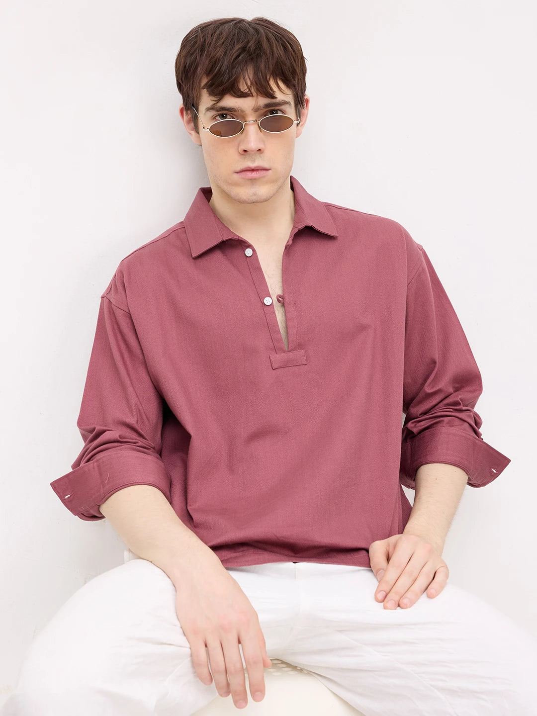Dusty Rose Diagonal Textured Loop Button Oversized Shirt