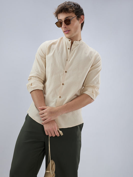 Bisque Beige Seersucker Striped Mandarin Shirt