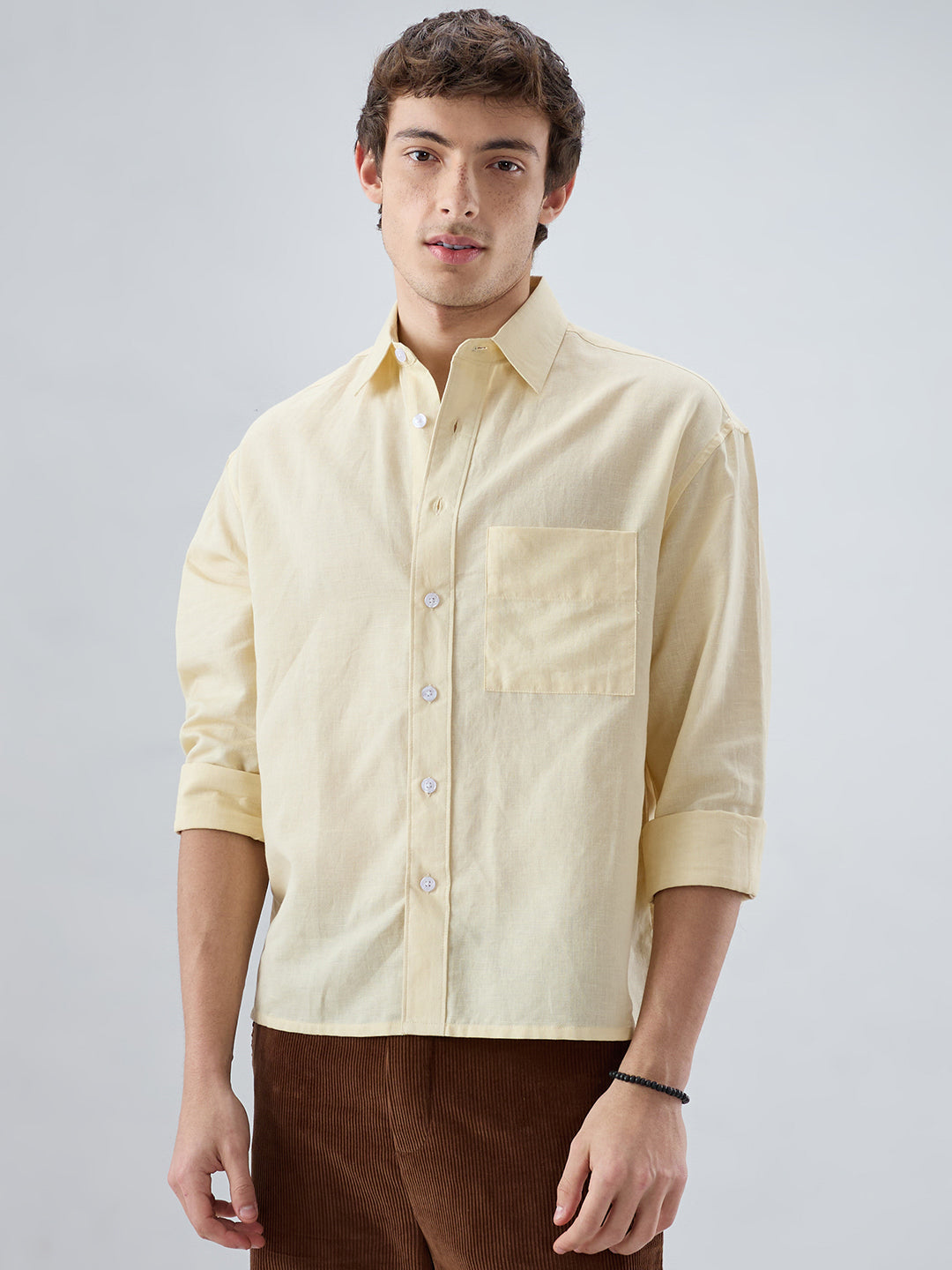 Luxe Butter Yellow Fine Sheer Linen Blend Boxy Fit Crop Shirt