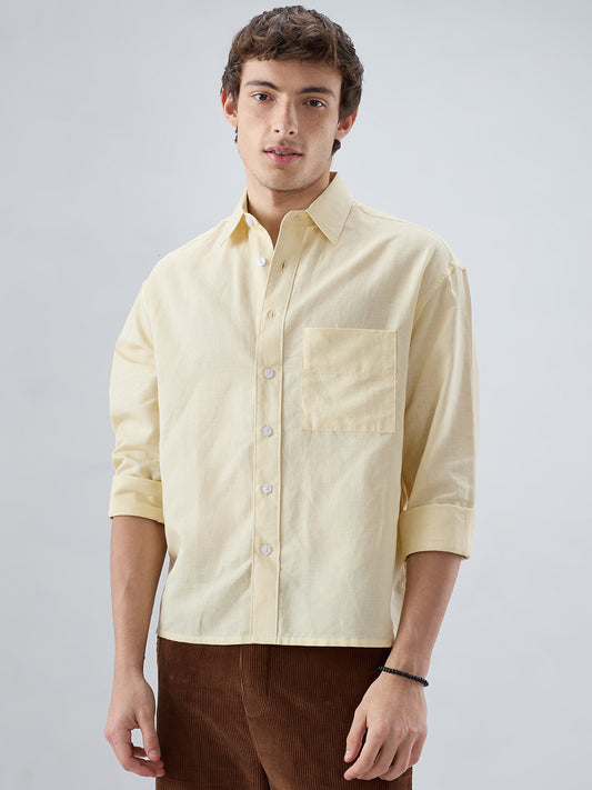 Luxe Butter Yellow Fine Sheer Linen Blend Boxy Fit Crop Shirt