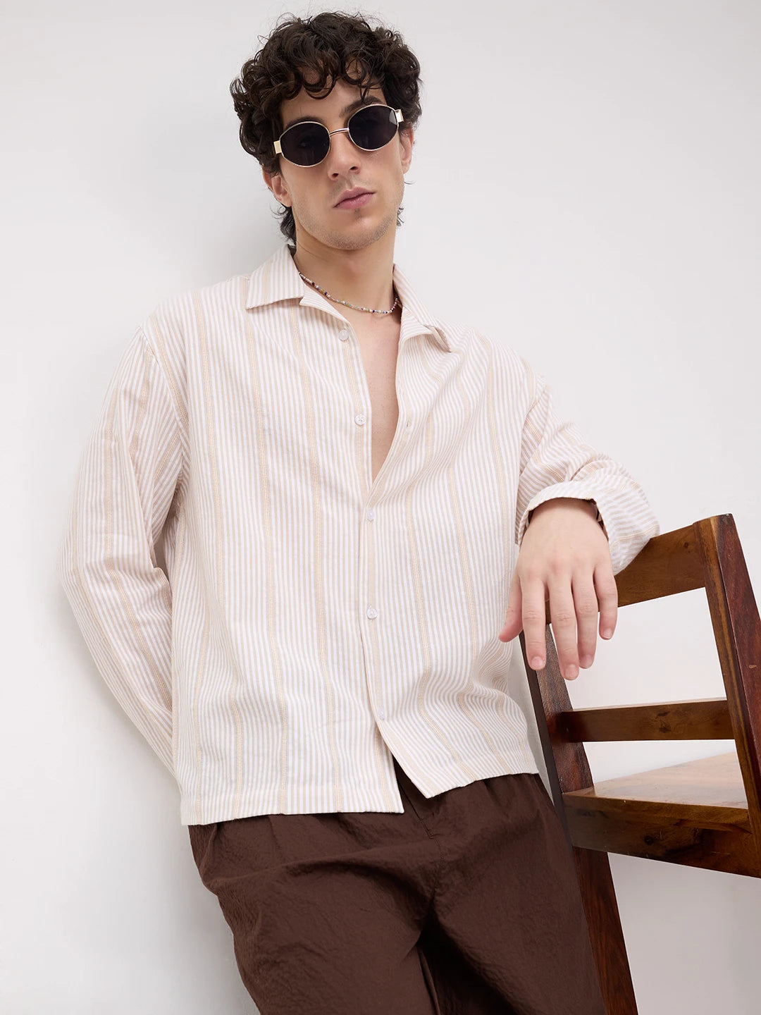 Luxe Beige Candy Striped Notch Collar Oversized Shirt