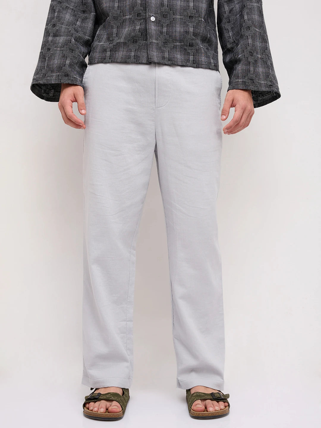 Grey Fine Herringbone Textured Straight Fit Trousers